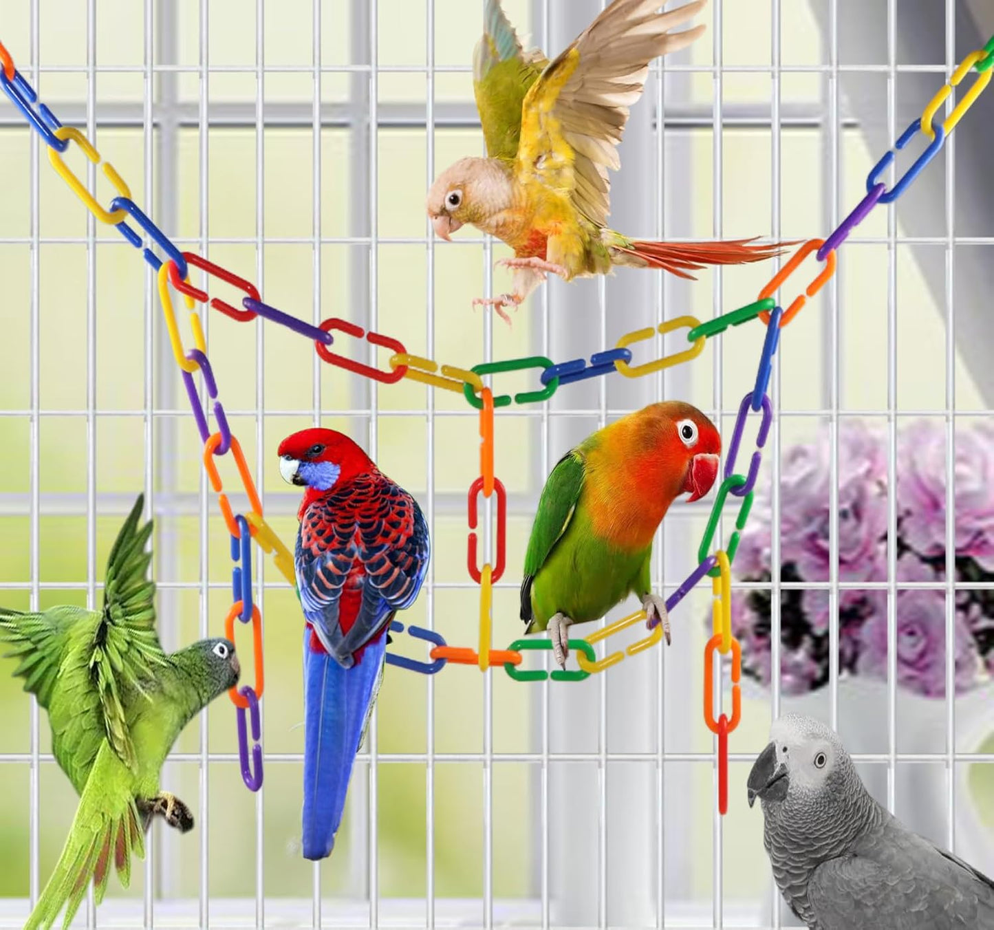 200-Piece Rainbow Plastic Chain Links & Toys - Interlocking C-Clip Bird Cage Accessories for Parakeets, Sugar Gliders, Small Pets (Climbing/Swinging Toys)
