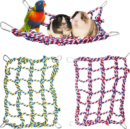 2 Pack Colorful Bird Rope Net, Pet Hanging Hammock, Ladder Bridge, Small Animal Toy, Cage Decor Accessories for Rat Hamster Bird Ferret (11×8 Inches)