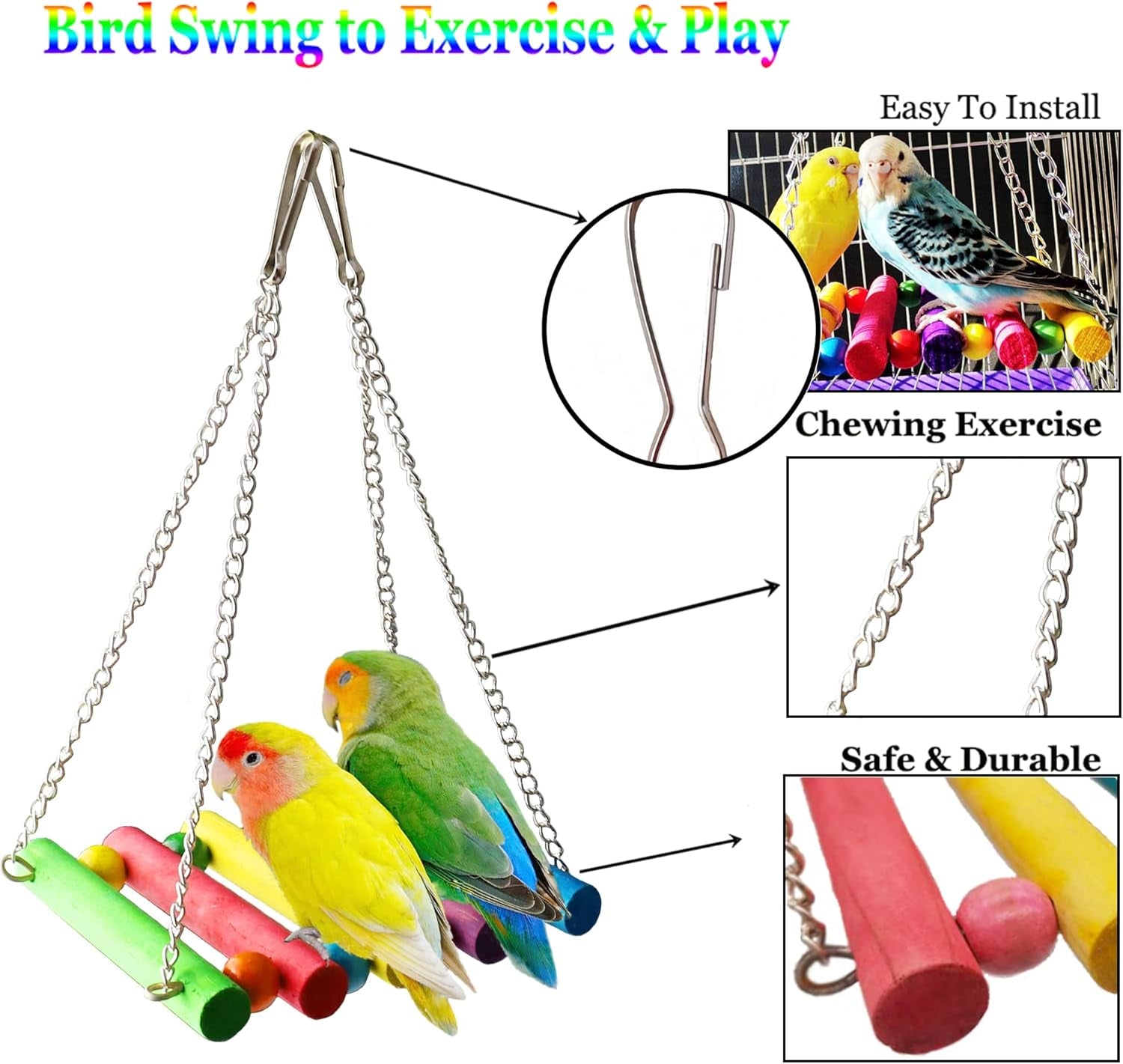 8 Pcs Bird Parrot Toys, Hanging Bell Pet Bird Cage Hammock Swing Toy Wooden Perch Chewing Toy for Large Parrots, Conures, Love Birds, Small Parakeets Cockatiels, Macaws, Finches
