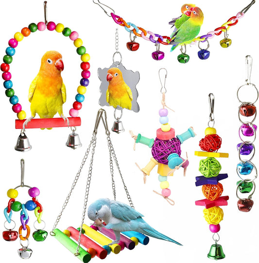 8 Pcs Bird Parrot Toys, Hanging Bell Pet Bird Cage Hammock Swing Toy Wooden Perch Chewing Toy for Large Parrots, Conures, Love Birds, Small Parakeets Cockatiels, Macaws, Finches