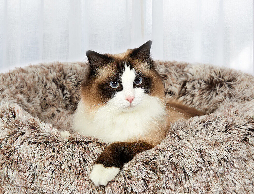 Pawz Pet Bed Cat Dog Donut Nest Calming Mat Soft Warm Plush Kennel Brown 110Cm