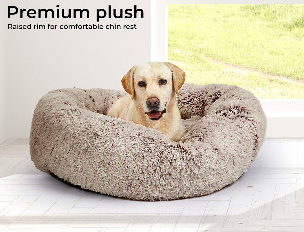 Pawz Pet Bed Cat Dog Donut Nest Calming Mat Soft Warm Plush Kennel Brown 110Cm