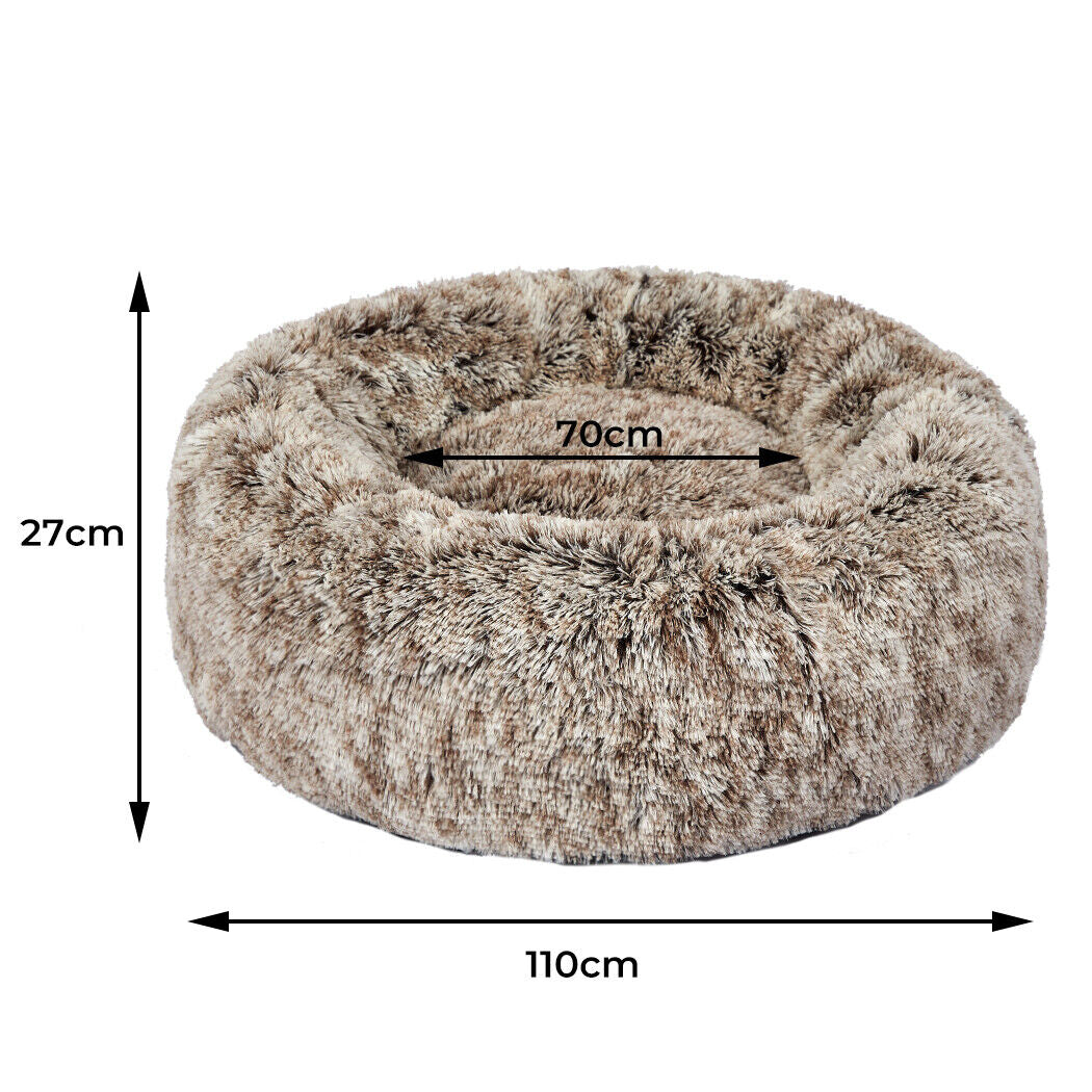 Pawz Pet Bed Cat Dog Donut Nest Calming Mat Soft Warm Plush Kennel Brown 110Cm