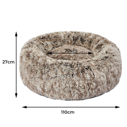 Pawz Pet Bed Cat Dog Donut Nest Calming Mat Soft Warm Plush Kennel Brown 110Cm