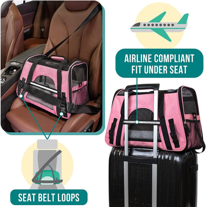 Premium Airline Approved Soft-Sided Pet Travel Carrier | Ventilated, Comfortable Design with Safety Features | Ideal for Small to Medium Sized Cats, Dogs, and Pets (Large, Pink)