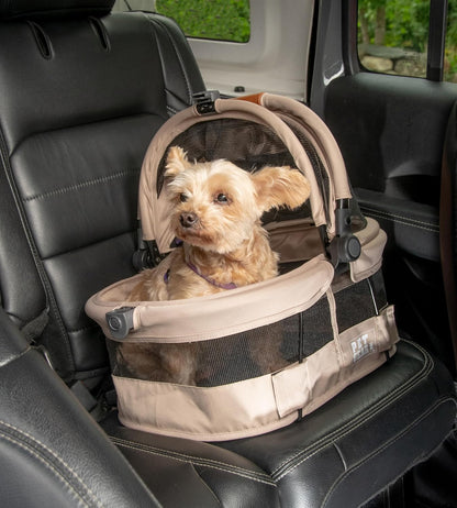 No-Zip View 360 Ultra Lite Pet Safety Carrier & Car Seat for Small Dogs & Cats Push Button Entry, 15", Ecru