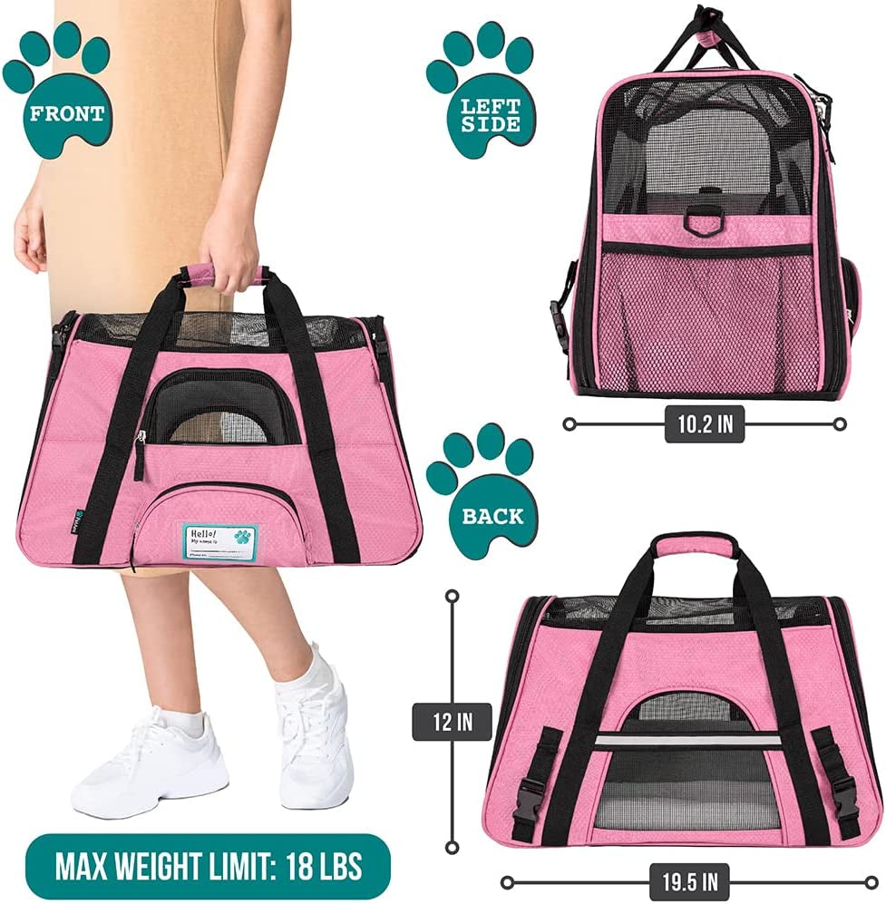 Premium Airline Approved Soft-Sided Pet Travel Carrier | Ventilated, Comfortable Design with Safety Features | Ideal for Small to Medium Sized Cats, Dogs, and Pets (Large, Pink)