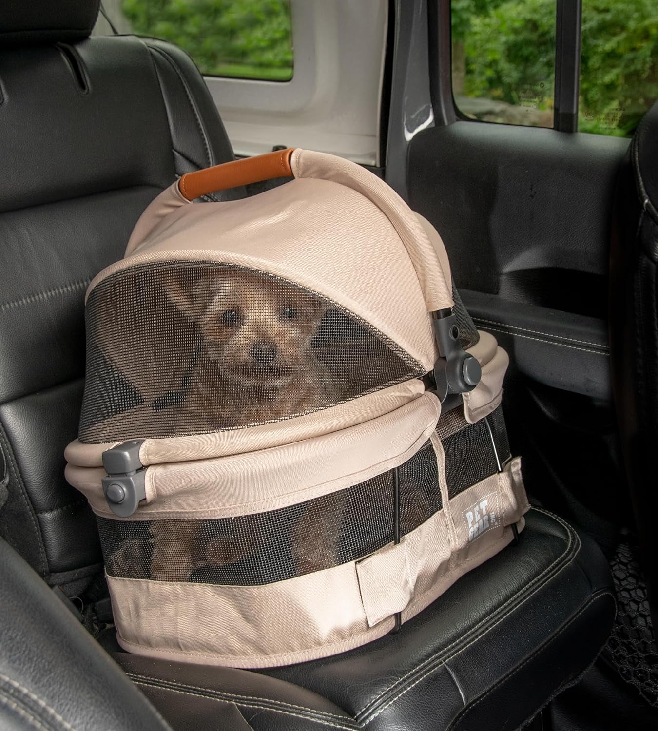 No-Zip View 360 Ultra Lite Pet Safety Carrier & Car Seat for Small Dogs & Cats Push Button Entry, 15", Ecru