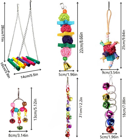 8 Pcs Bird Parrot Toys, Hanging Bell Pet Bird Cage Hammock Swing Toy Wooden Perch Chewing Toy for Large Parrots, Conures, Love Birds, Small Parakeets Cockatiels, Macaws, Finches