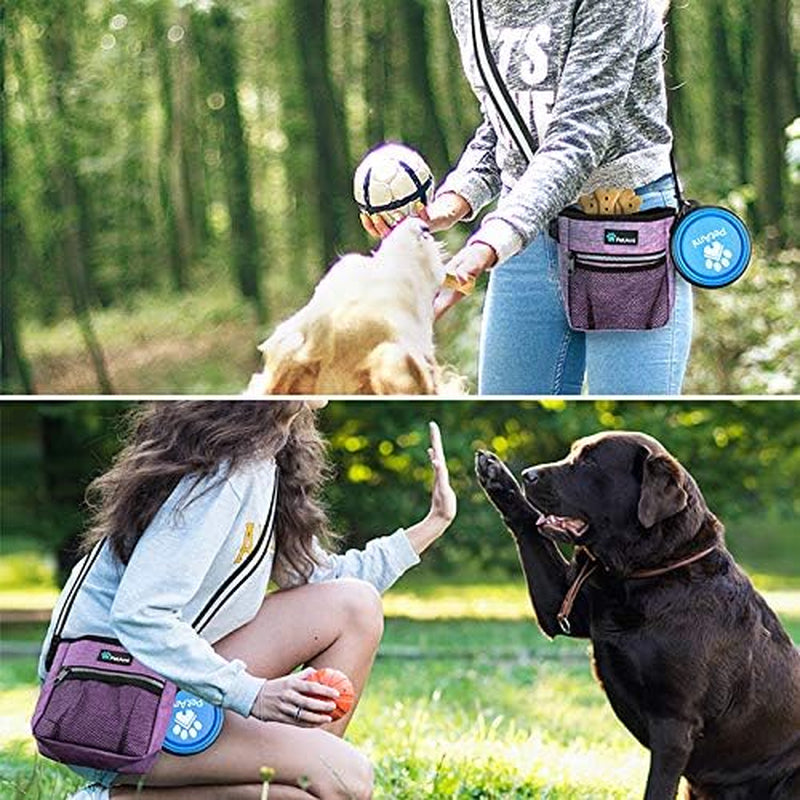 Dog Treat Pouch | Dog Training Pouch Bag with Waist Shoulder Strap, Poop Bag Dispenser and Collapsible Bowl | Treat Training Bag for Treats, Kibbles, Pet Toys | 3 Ways to Wear (Purple)