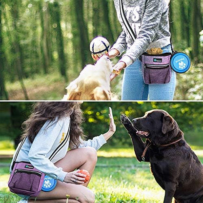 Dog Treat Pouch | Dog Training Pouch Bag with Waist Shoulder Strap, Poop Bag Dispenser and Collapsible Bowl | Treat Training Bag for Treats, Kibbles, Pet Toys | 3 Ways to Wear (Purple)