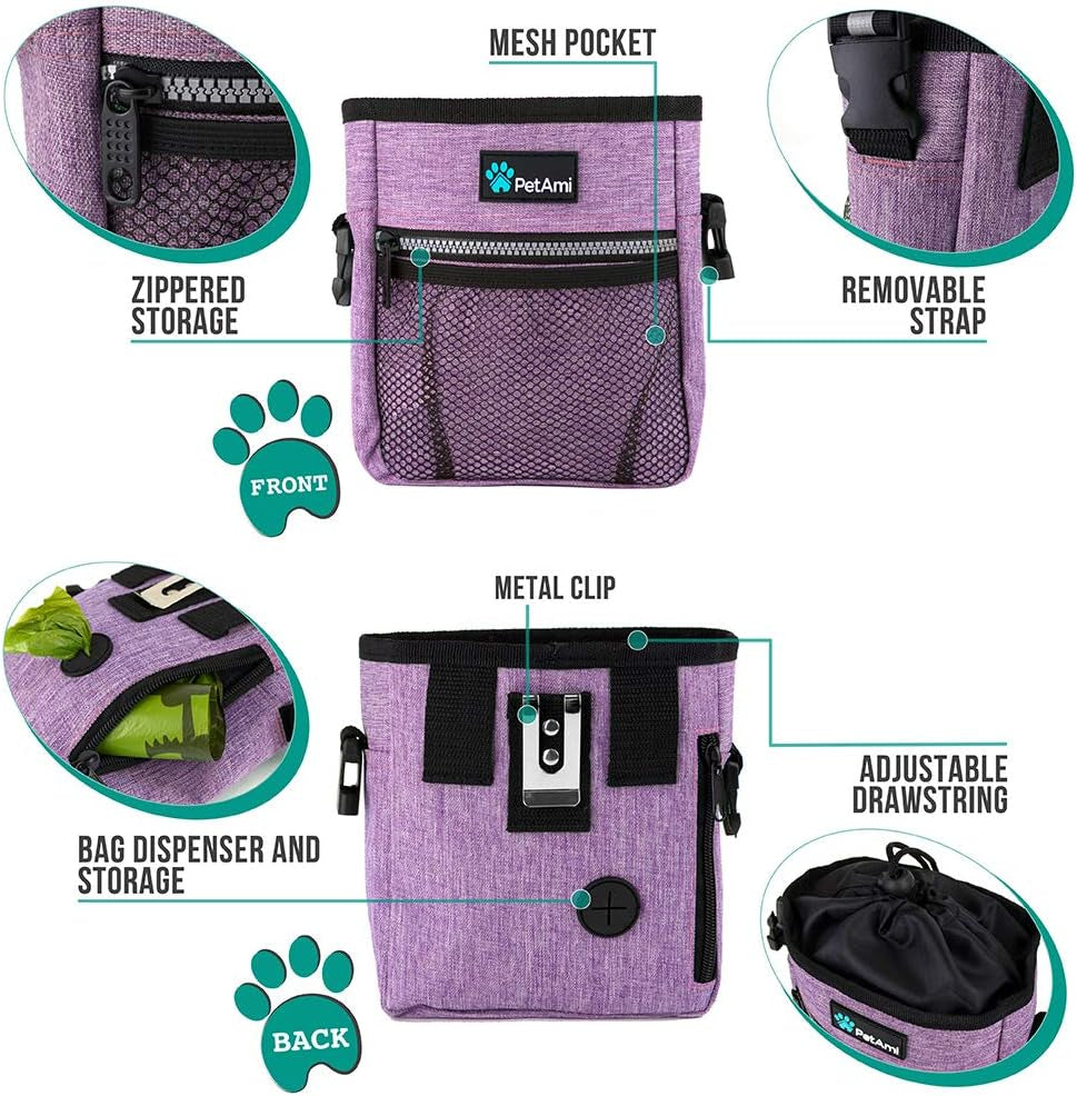 Dog Treat Pouch | Dog Training Pouch Bag with Waist Shoulder Strap, Poop Bag Dispenser and Collapsible Bowl | Treat Training Bag for Treats, Kibbles, Pet Toys | 3 Ways to Wear (Purple)
