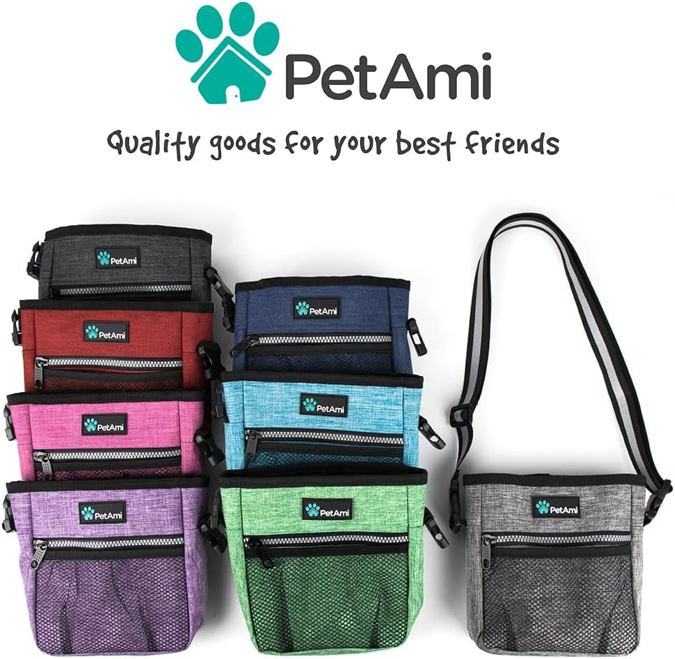 Dog Treat Pouch | Dog Training Pouch Bag with Waist Shoulder Strap, Poop Bag Dispenser and Collapsible Bowl | Treat Training Bag for Treats, Kibbles, Pet Toys | 3 Ways to Wear (Purple)