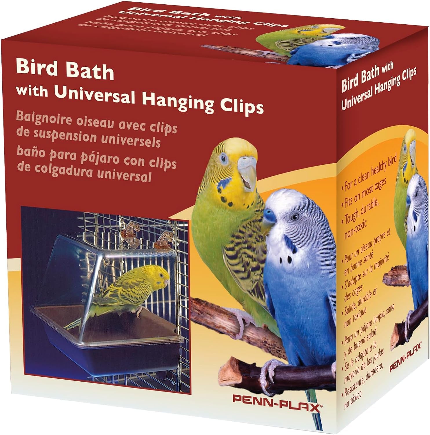 Penn Plax Clip-On Bird Bath – Comes with Universal Clips to Attach to Most Birdcages, 5.5 X 5.75 X 3.75 Inches