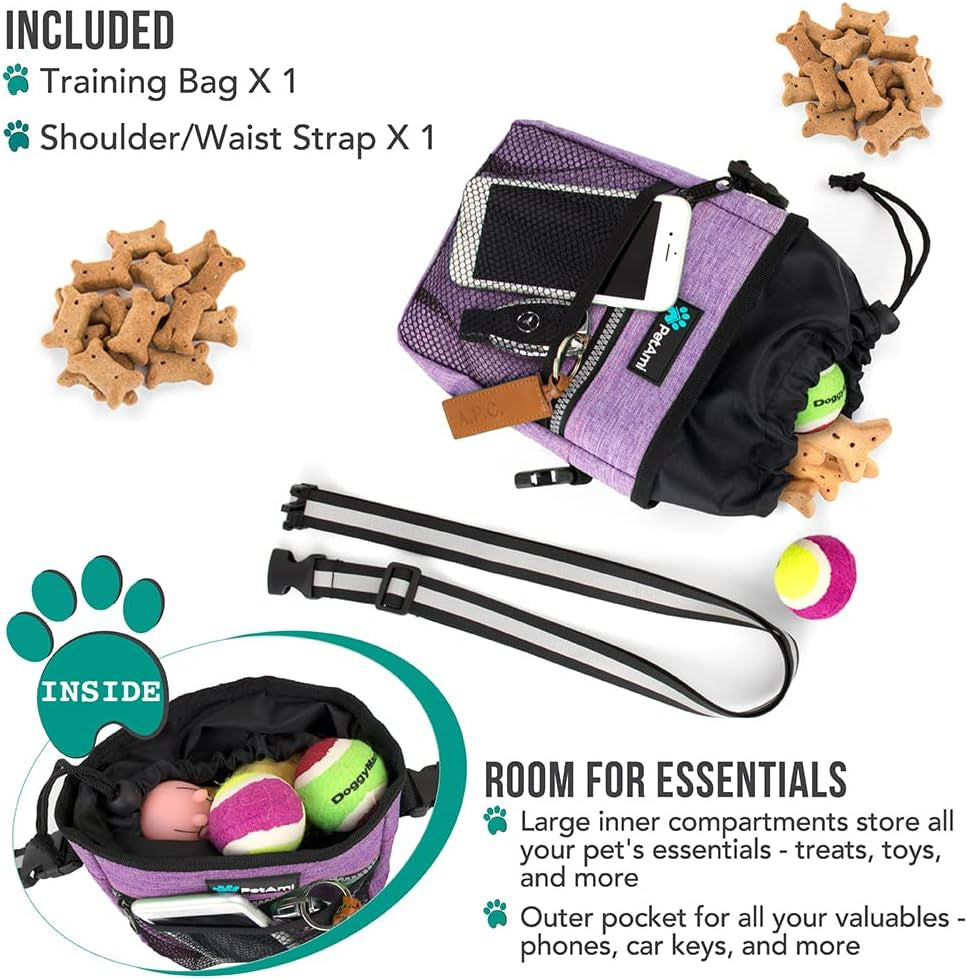 Dog Treat Pouch | Dog Training Pouch Bag with Waist Shoulder Strap, Poop Bag Dispenser and Collapsible Bowl | Treat Training Bag for Treats, Kibbles, Pet Toys | 3 Ways to Wear (Purple)
