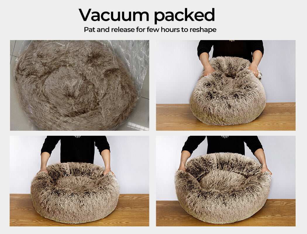 Pawz Pet Bed Cat Dog Donut Nest Calming Mat Soft Warm Plush Kennel Brown 110Cm