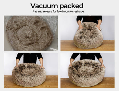 Pawz Pet Bed Cat Dog Donut Nest Calming Mat Soft Warm Plush Kennel Brown 110Cm