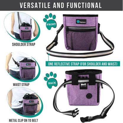 Dog Treat Pouch | Dog Training Pouch Bag with Waist Shoulder Strap, Poop Bag Dispenser and Collapsible Bowl | Treat Training Bag for Treats, Kibbles, Pet Toys | 3 Ways to Wear (Purple)